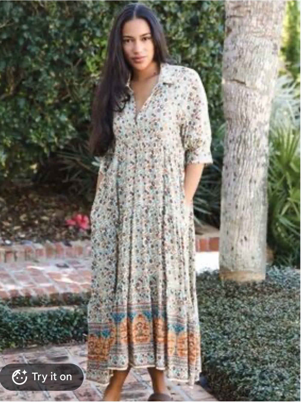 NATURAL LIFE Rebecca Midi Dress Cream Orange Border Floral Size M